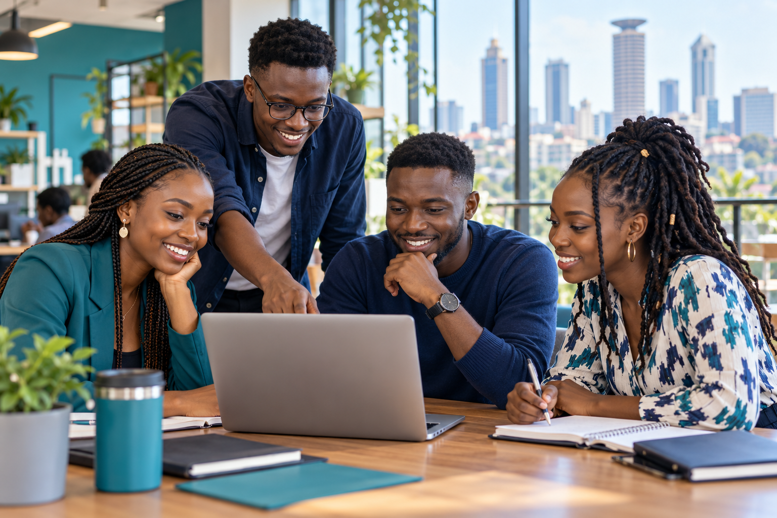 Young African professionals collaborating around a laptop