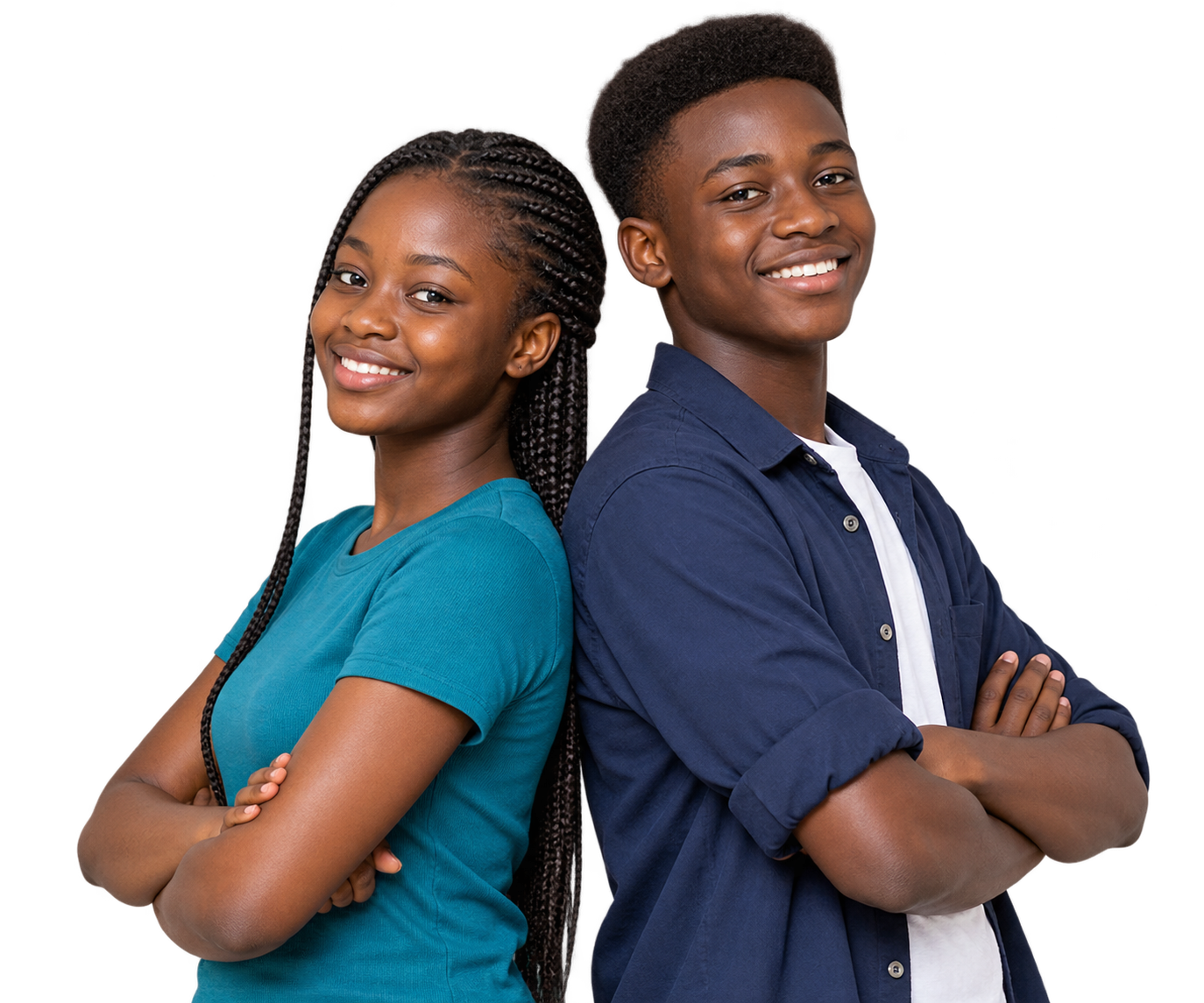 African teenage boy and girl in casual clothes standing back to back